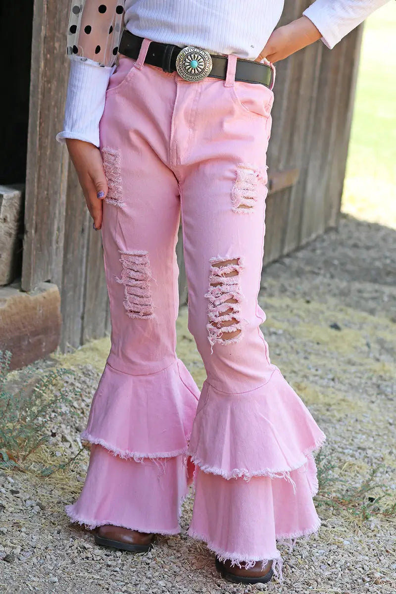 Pink Distressed Double Layered Bell Bottoms