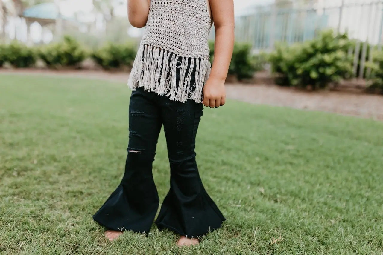 Distressed Black Denim Flare Jeans