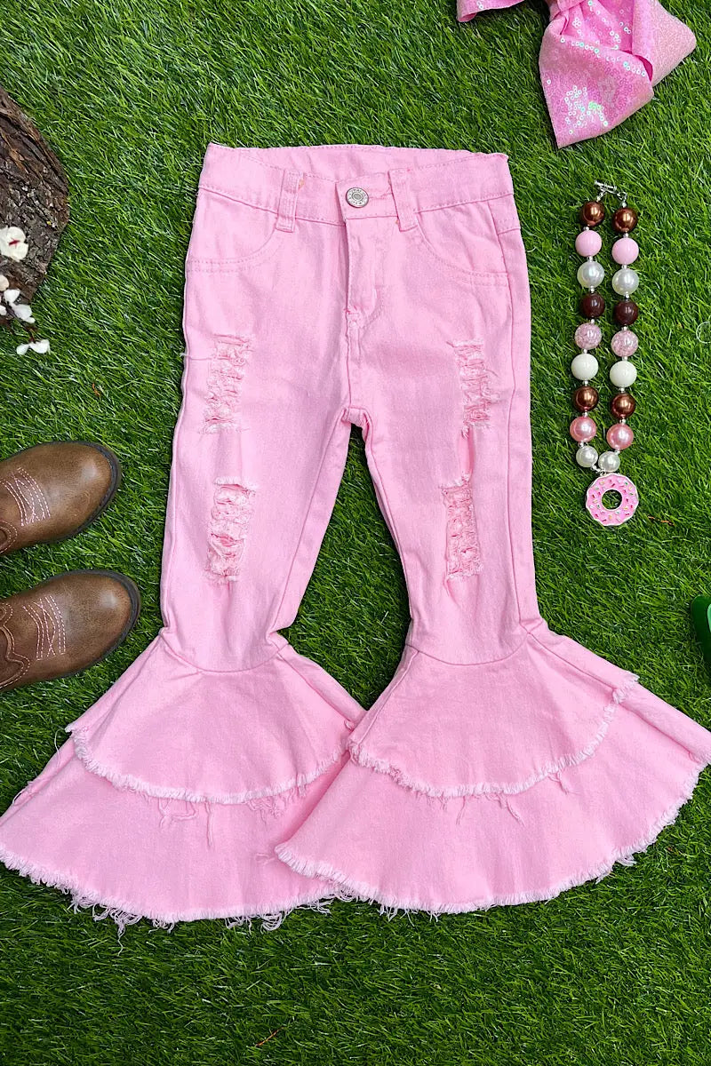 Pink Distressed Double Layered Bell Bottoms