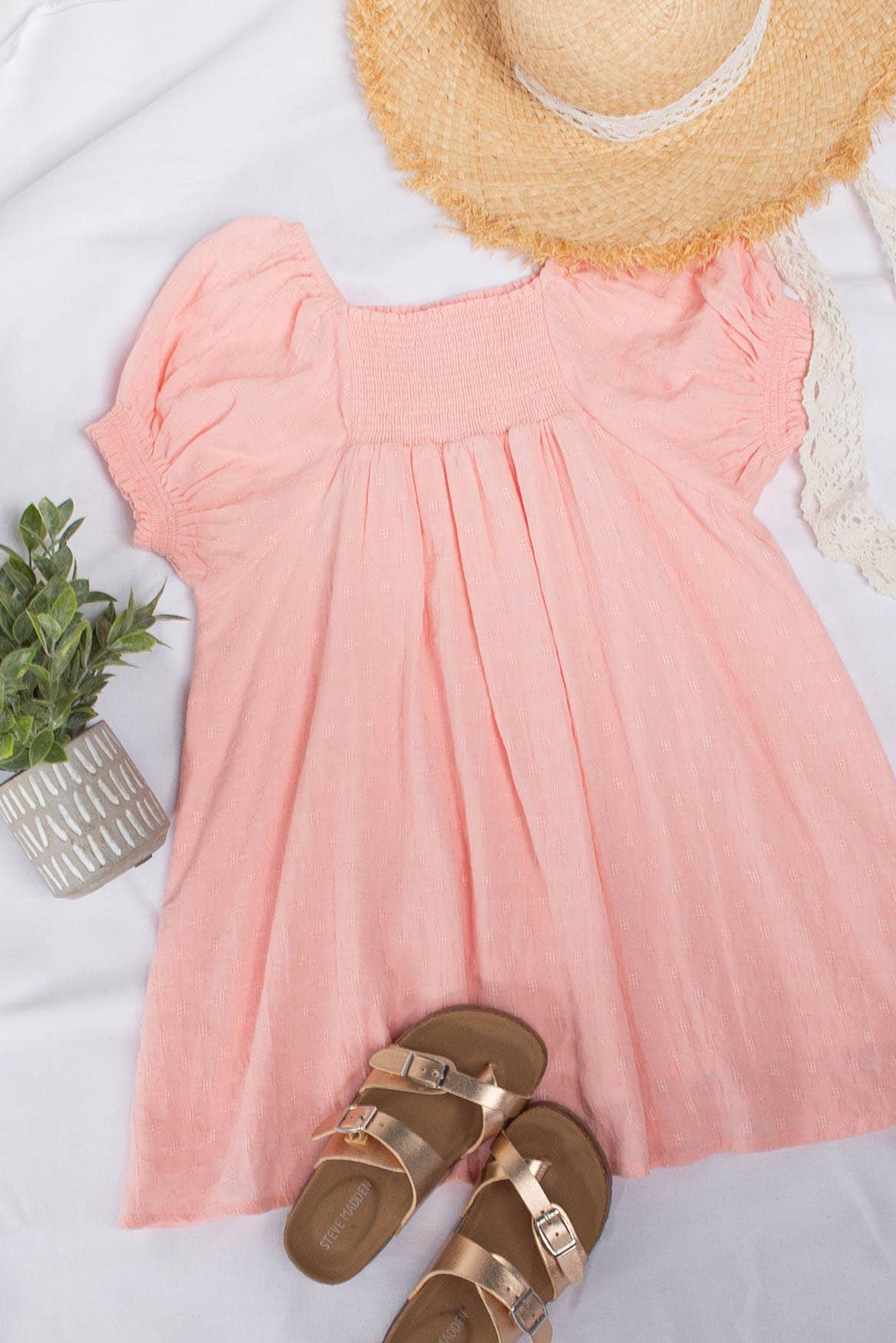 Puff Sleeve Smocked Dress - Peach