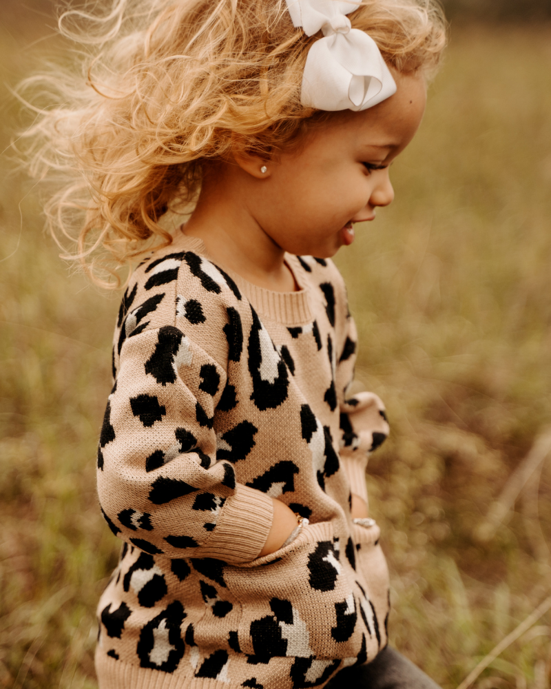 Mommy & Me Bubble Sleeve Sweater Dress - Tan Leopard