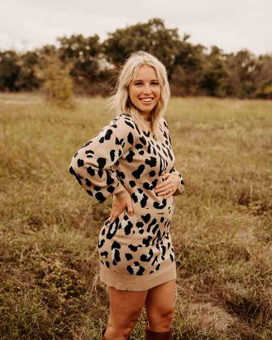 Bubble Sleeve Sweater Dress - Tan Leopard